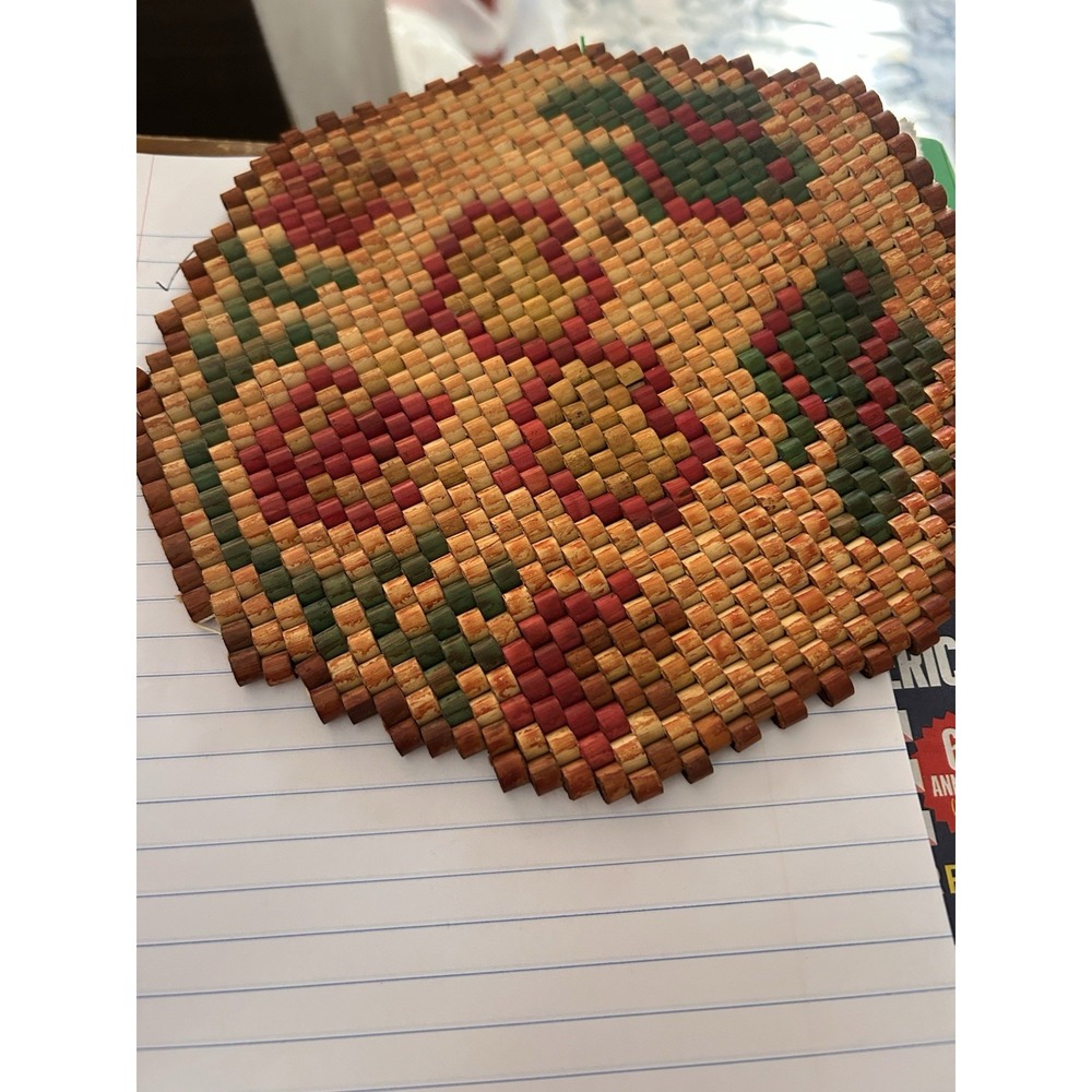 Vintage MCM Butterfly & Flower Wood Bead Hot Pad Trivet 8" Round